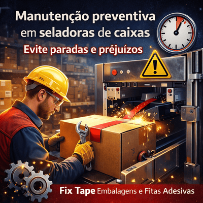 Técnico realizando manutenção preventiva em seladora de caixas industriais para evitar paradas na produção e reduzir prejuízos, serviço especializado da Fix Tape Embalagens e Fitas Adesivas no Rio de Janeiro