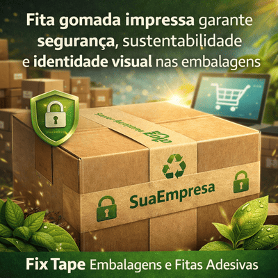 Fita gomada impressa personalizada aplicada em caixa de papelão, destacando segurança, sustentabilidade e identidade visual para embalagens da Fix Tape no Rio de Janeiro